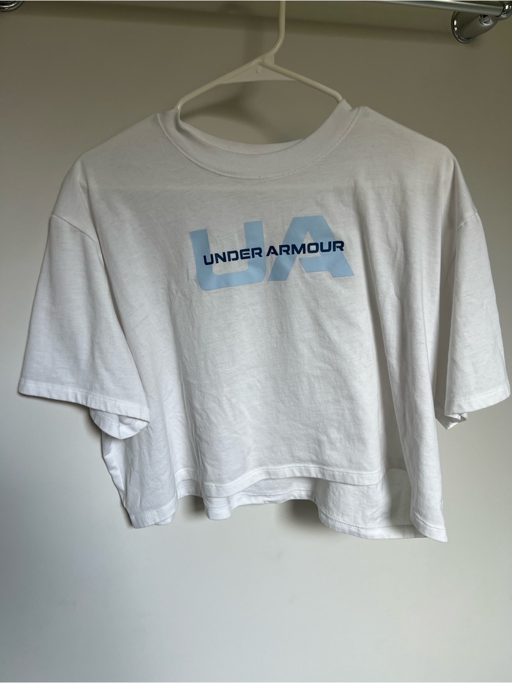 Under Armour White Cropped Tee with Light Blue Logo